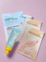 Shea products including a sheet mask, shea butter gloves, and shea butter socks 