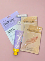 Shea butter products including sheet mask, gloves, and lotion