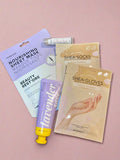 Shea butter products including sheet mask, gloves, and lotion